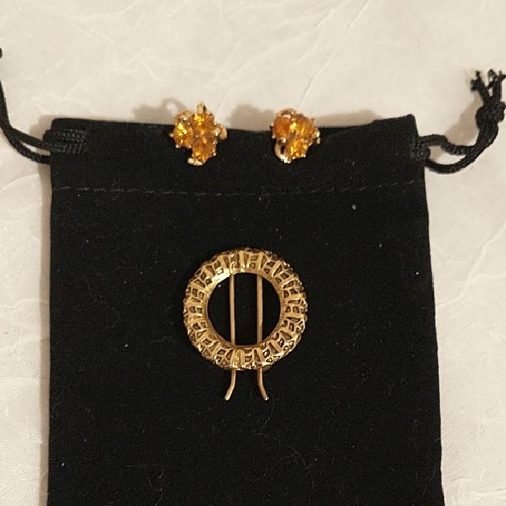Vintage Elegant Gold Tone Broach Clip on Earrings Set